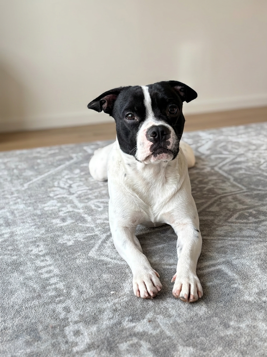 Bodhi, a black-and-white Staffy mix, resting at home