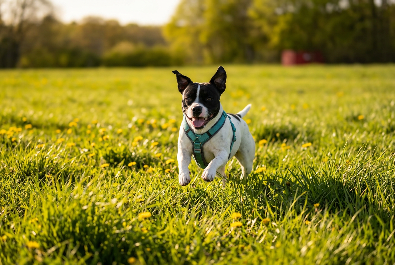 Bodhi running through a sunny field